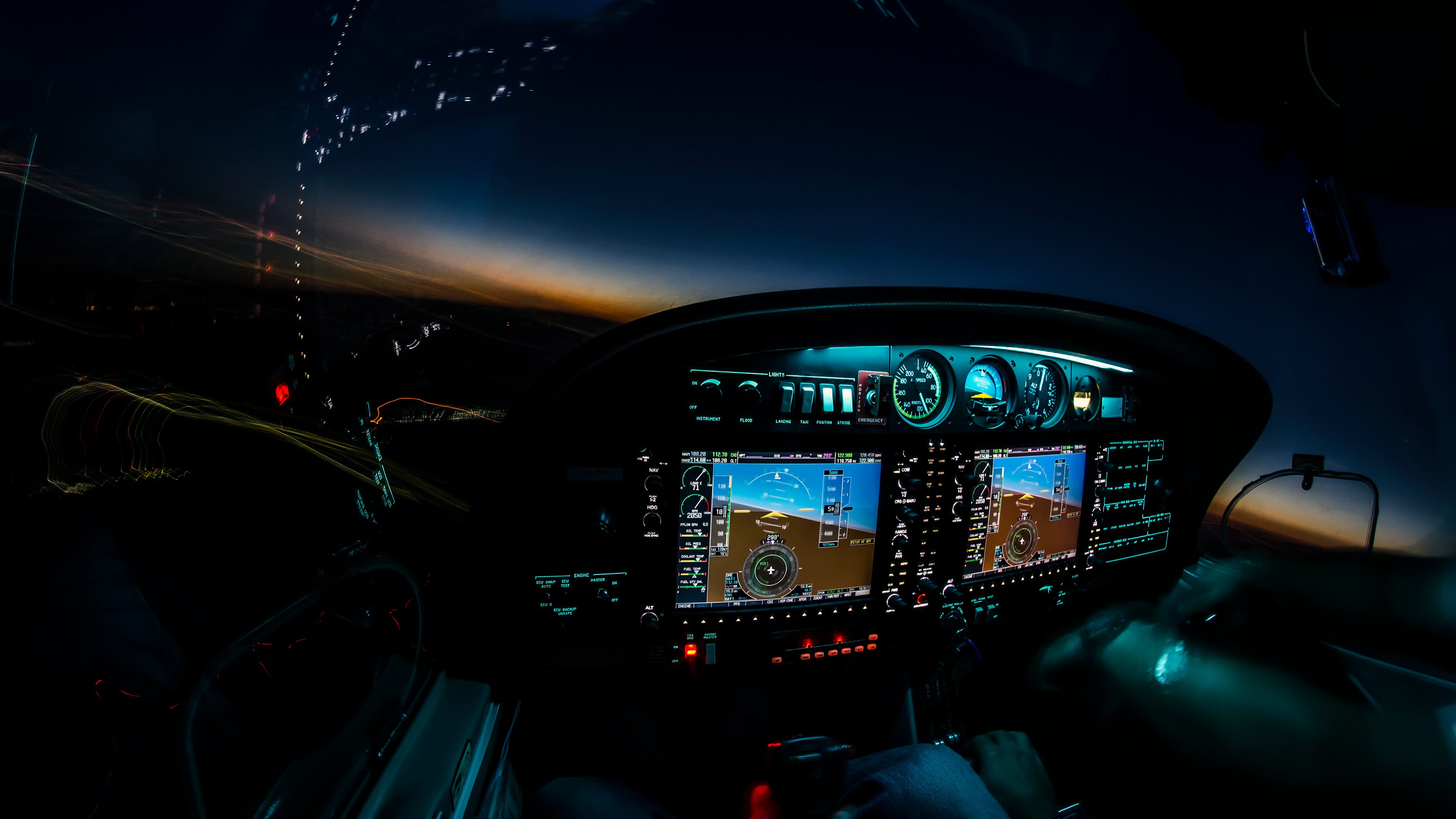 GA aircraft cockpit at night