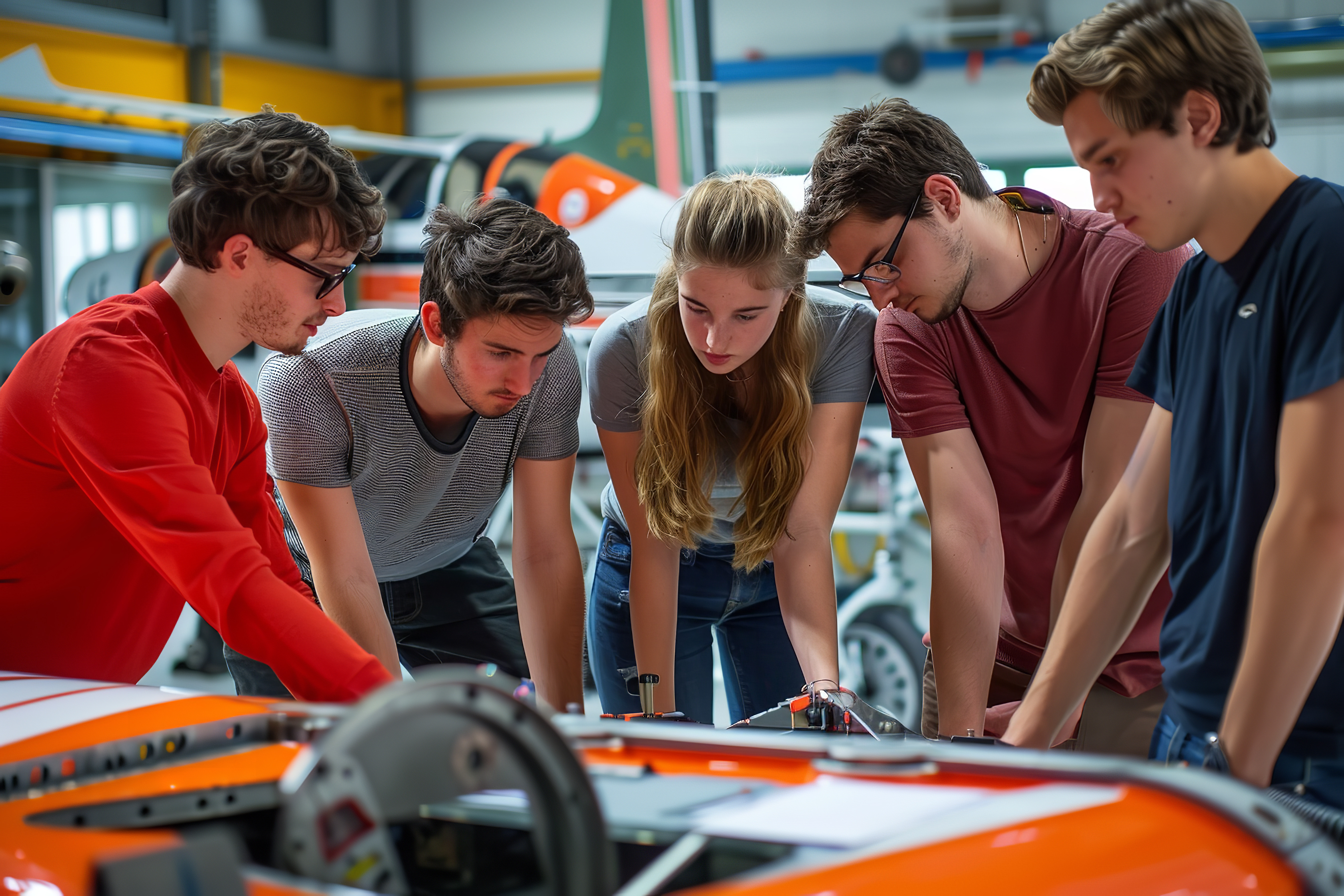 High school students doing a lesson from aviation curriculum