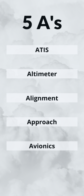 The Five A's: ATIS, altimeter, alignment, approach, avionics
