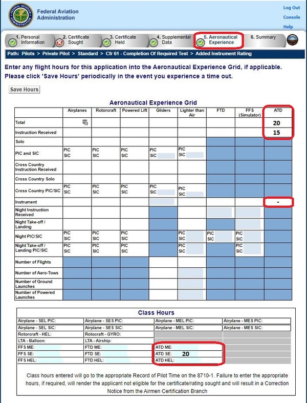 IACRA 8710-1 Aeronautical Experience tab