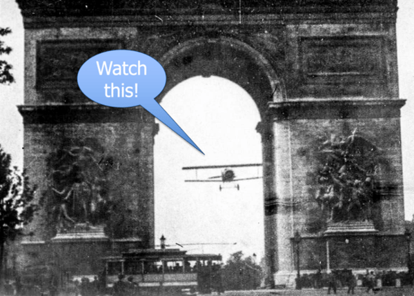 Plane flying under L'Arc de Triomphe