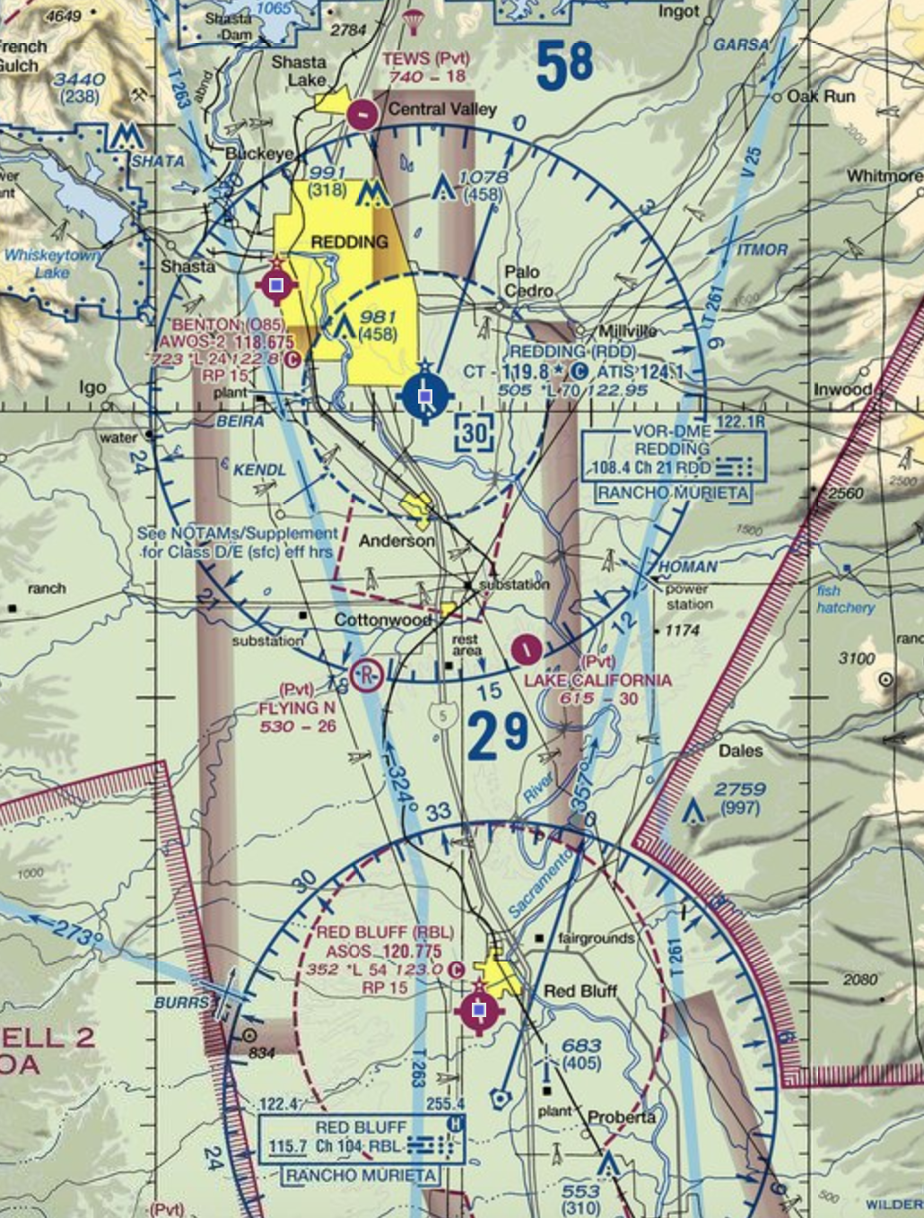 Sectional showing Red Bluff and Redding airports