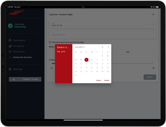 Select a date for the event in Redbird Pro