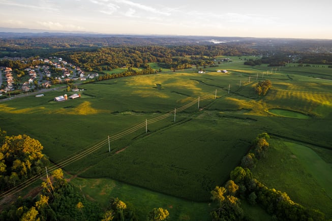 An overhead view of powerlines in east Tennessee