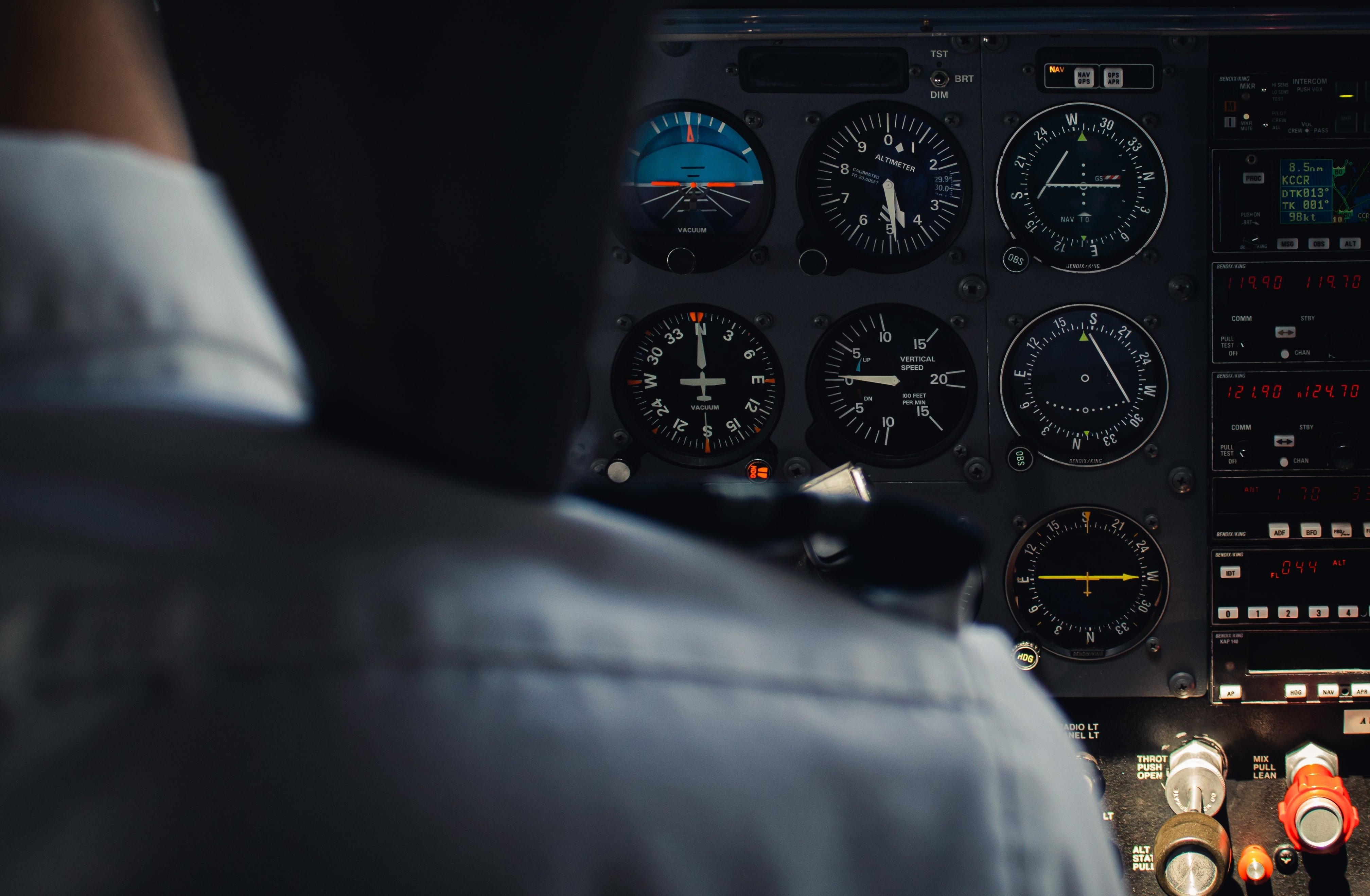 Traditional six-pack instrument panel in front of the pilot in command 