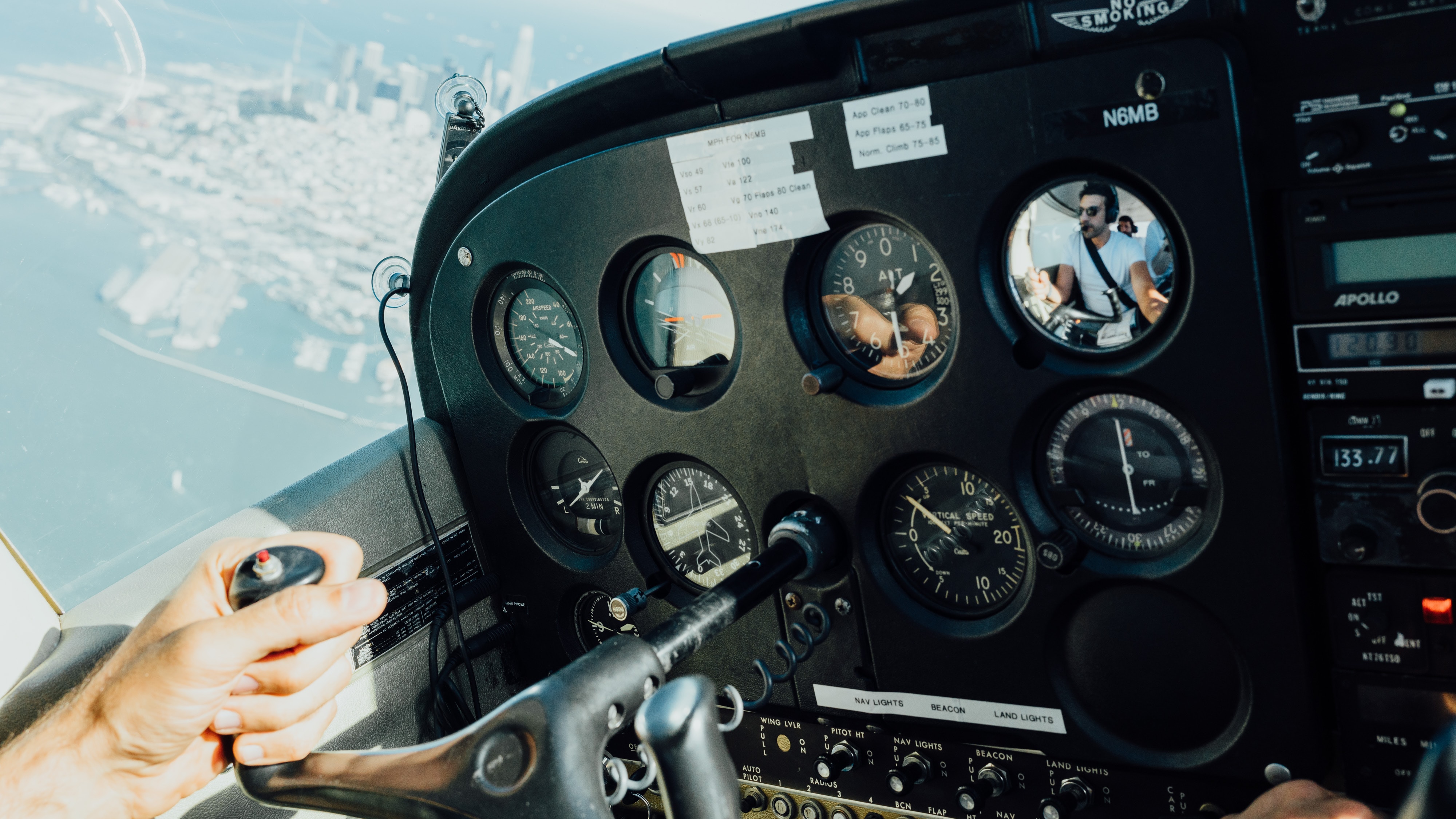 Pilot hand-flying the airplane with the yoke